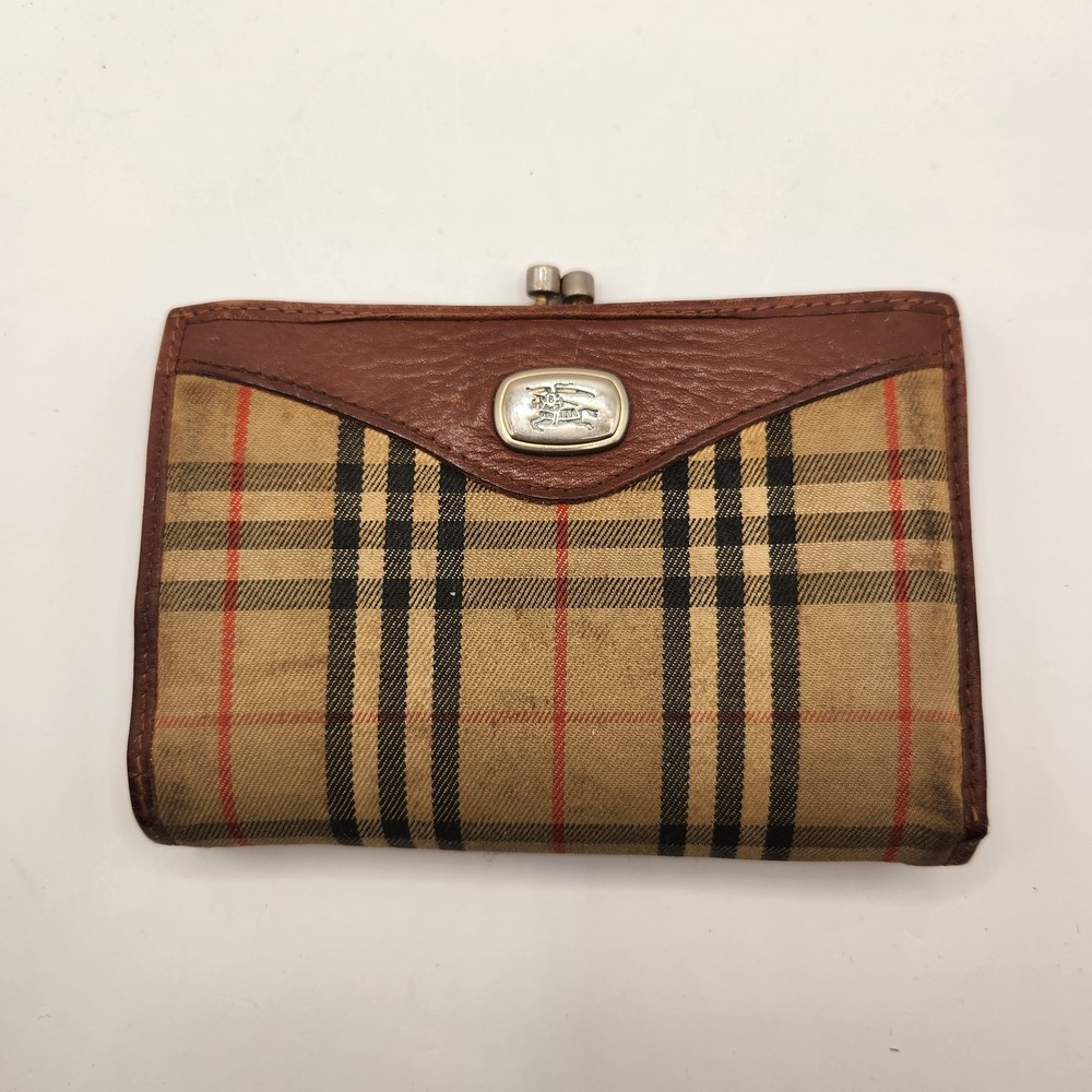 Vintage Burberry Classic Nova Check Kiss Lock Bifold Wallet Canvas Leather